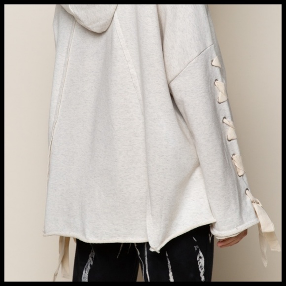 POL “Urban Chic” French Terry Hoodie Top Criss Cross Laces Down Sleeves Raw Hem - Picture 6 of 16